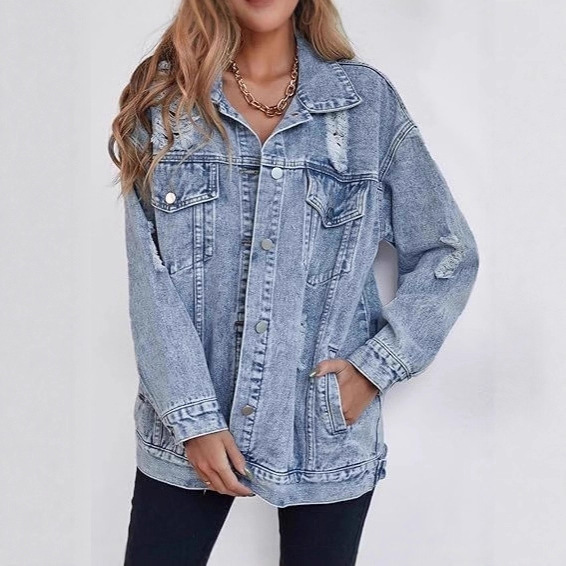 Cross-Border European and American Amazon Foreign Trade Oversized Denim Jacket Boyfriend Ripped Distressed Denim Jacket Women's Loose