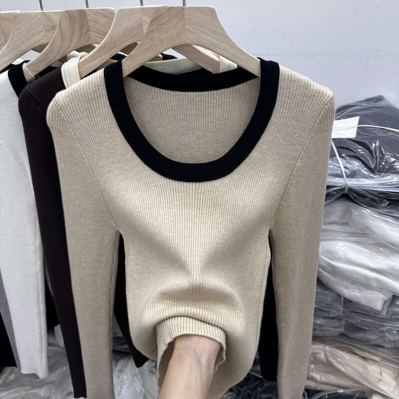 Plus-Size Women's Low-Neck Long-Sleeve Top with Unique Design, Trendy Autumn and Winter Base Layer for a Pure and Alluring Look
