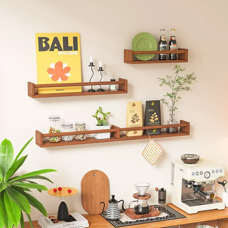 时尚墙面置物架简约壁挂实木耐用带蘑菇排钩一字板可打孔粘贴架子