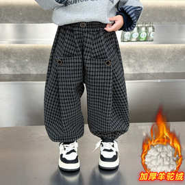 儿童加绒裤加厚男童裤子保暖束脚裤2025新款韩版宝宝冬装格子裤潮