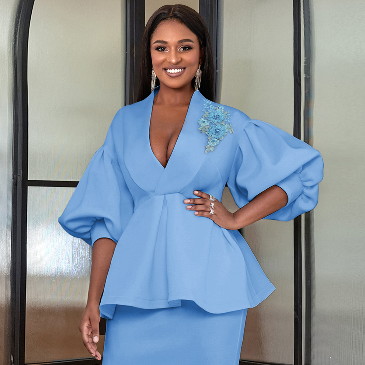 Women's Clothing AM030439 New Lantern Sleeve Tops Large Size Temperament Style Suit Collar Embroidery Women's Tops_voghion.com