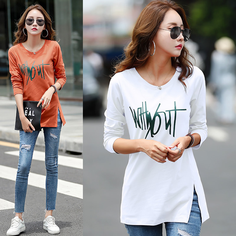 White Mid-length Base Shirt Slim-fit Butt-covering Long-sleeved T-shirt Women's Letter Loose Large Size Base Shirt Trendy Wholesale White Mid-length Base Shirt Slim-fit Butt-covering Long-sleeved T-shirt Women's Letter Loose Large Size Base Shirt Trendy Wholesale