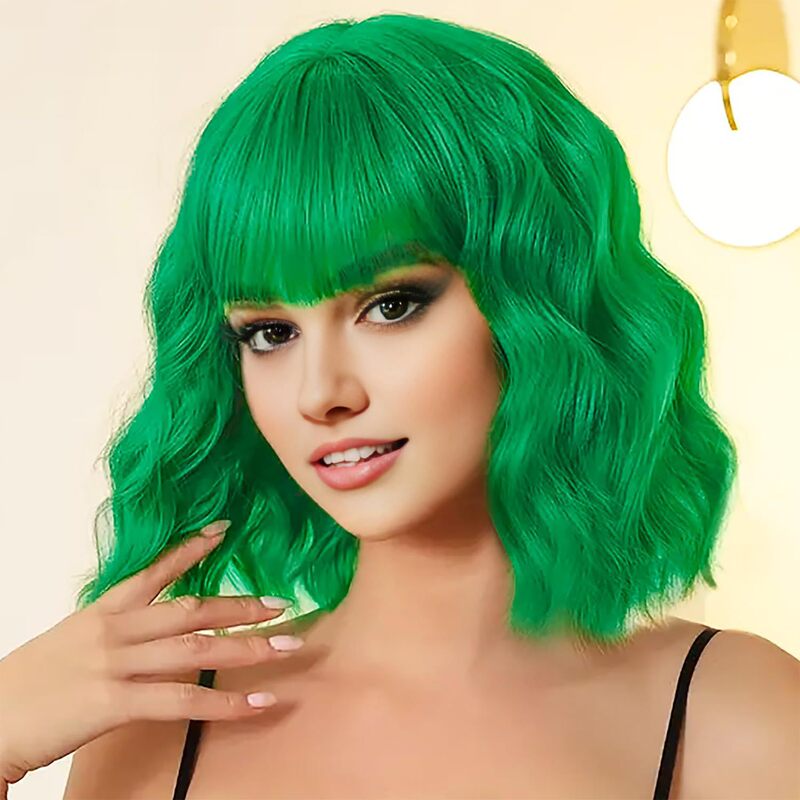 Amazon Cross-Border European and American Water Wave Bob Short Curly Hair Wigs Full Head Wig with Bangs Shoulder-Length Synthetic Hair