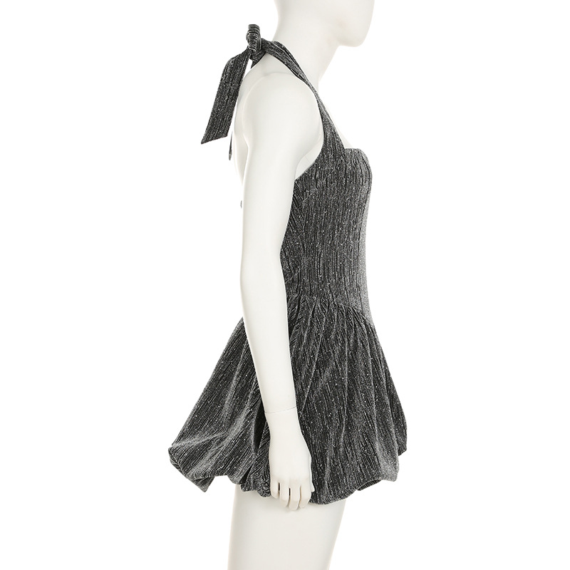 Bright Silk Thin Glittering Halter Dress Tube Top Cinched Waist A line Puffy Puffy dress