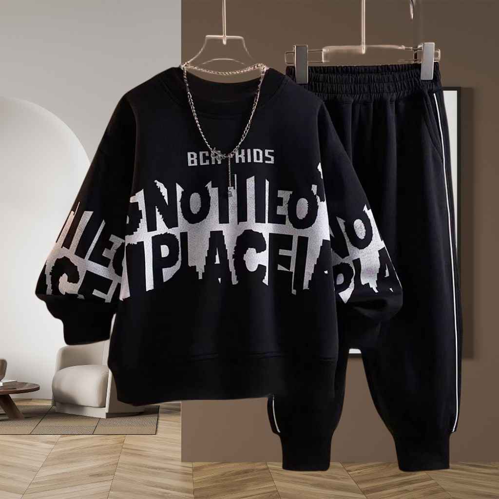 Teenage and guys Boys Suit  Fashion Sweater Trousers Sports Loose Two piece Suit Trend(The printing position is slightly different)_voghion.com