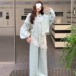 特大码300斤休闲连帽卫衣套装女春秋胖MM蕾丝高腰显瘦长裤三件套2