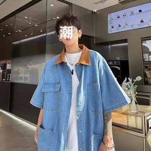 Workwear Denim Shirt Men's Short-sleeved Summer Handsome Wear Shirt Jacket Trendy Brand Trendy Duffian Handsome Design Sense Cross-border