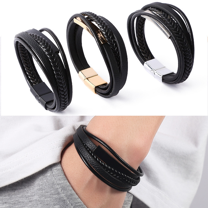 E-Commerce source supply men's cowhide bracelet European and American leather bracelet alloy magnetic buckle leather bracelet fashion leather bracelet