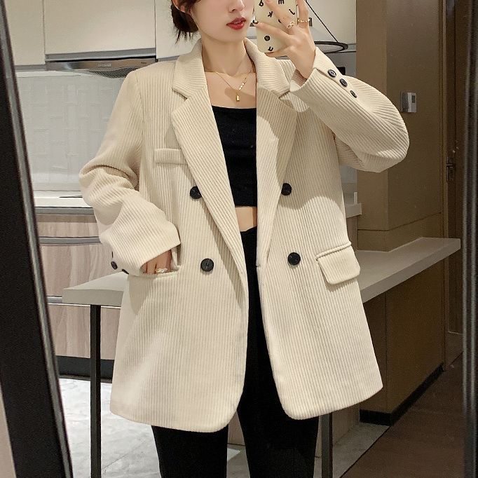 白色灯芯绒西装外套女韩版宽松春秋高级感休闲气质加棉西服上衣冬|undefined