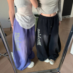 复古渐变做旧字母阔腿裤女夏宽松卫裤嘻哈拖地长裤爵士工装弯刀裤