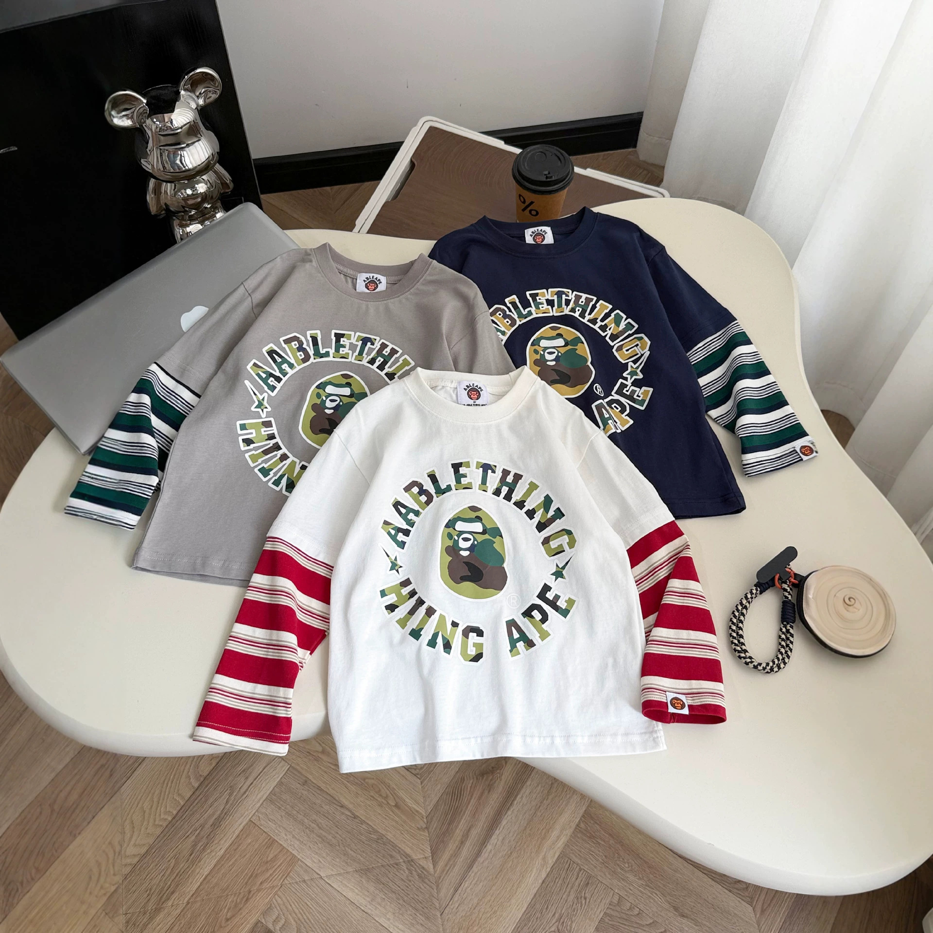 2026 New Children's Autumn Striped Print Long-Sleeve Crew Neck T-Shirt, Korean Style, Trendy Brand, Breathable Pure Cotton, Faux Two-Piece Layer