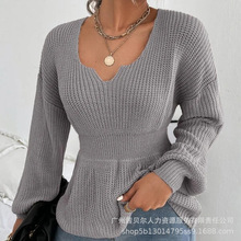 欧美外贸新款毛衣女装跨境时尚V领套头衫纯色长袖荷叶边收腰女衫