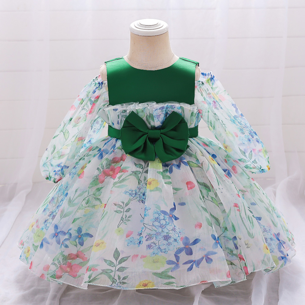 跨境新款周歲禮服露肩蝴蝶結公主裙嬰幼兒禮服裙小童蓬蓬裙女童