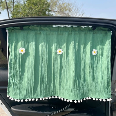 Car curtains – All-Season Pull-Out Curtain with Suction Cups - green-grass-three-little-flowers-car-curtain-1-piece-free-suction-cup-rope