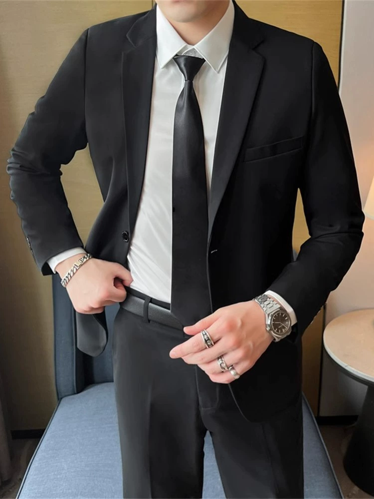 Мужской классический костюм‑пиджак slim fit, чёрный, высокое качество, с опцией галстука