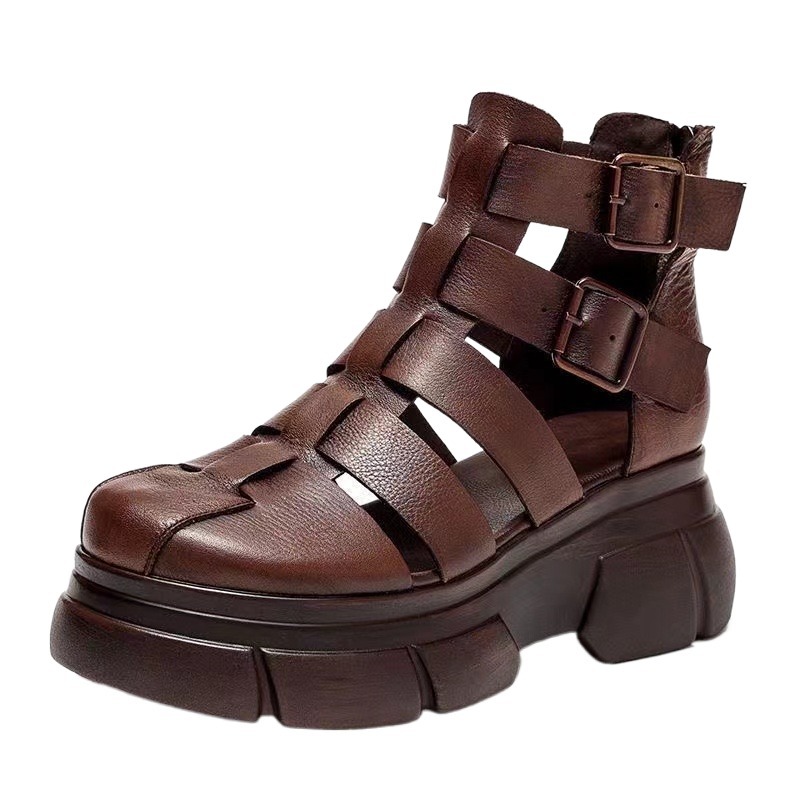 Sandalias retro de cuero suave para mujeres 2023 verano nueva plataforma hueca cuña todo partido sandalias romanas de tacón alto