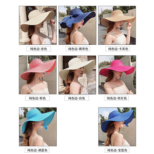 Wholesale fashionable summer sun protection large-brimmed straw hat with edge streamer monochrome ladies travel vacation sunshade beach hat