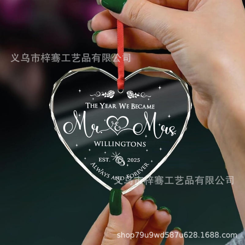 跨境爱心圆形水晶玻璃挂饰圣诞装饰结婚新婚礼物纪念挂件装饰品|undefined