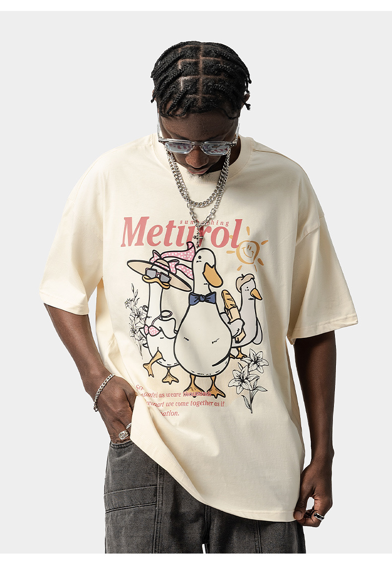 American Trendy Duck Print Kurzarm T-Shirt Herren Loose Oversize Trendy High Street Paar Vielseitiges T-Shirt_voghion.com