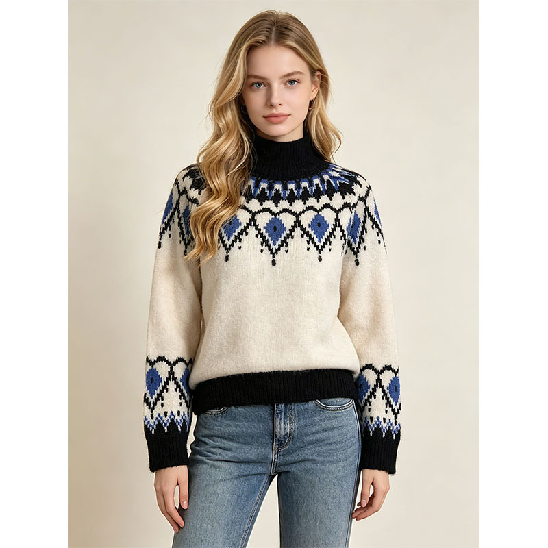Cross-Border Autumn and Winter Nordic Fair Isle Jacquard Turtleneck Sweater for Women, New Retro Lazy Style Pullover Knit Top