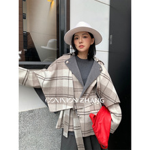 CZ ZHANG秋冬纯手工羊毛双面尼子大衣女大翻领格子毛呢外套B39731
