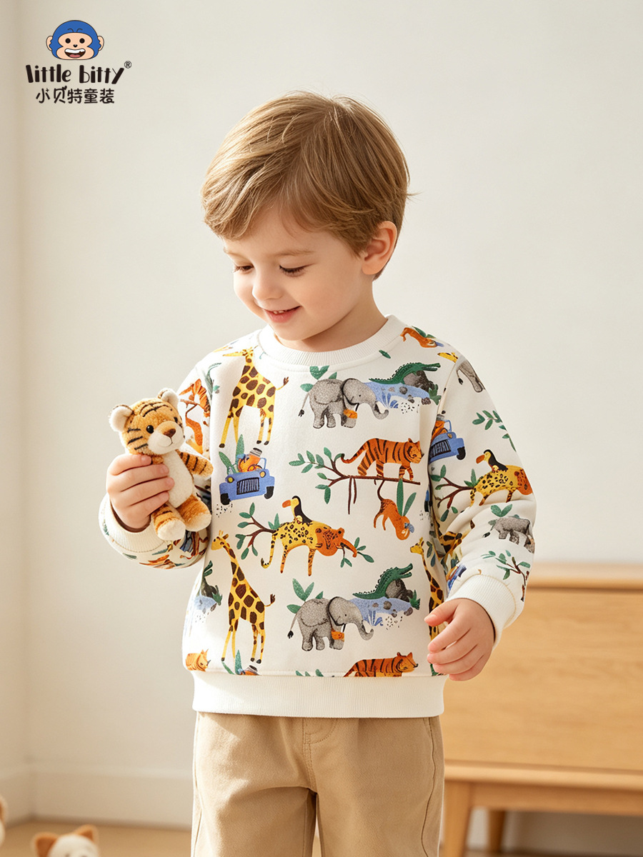 Casual and fashionable 2026 children's autumn sweatshirt with cartoon animal print, round neck, for toddlers and young children