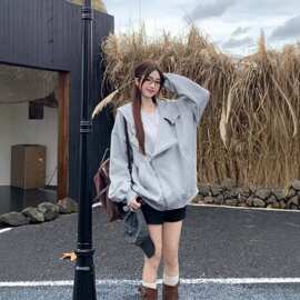 拉链开衫外套春秋薄款宽松美式复古设计感小众连帽卫衣夹克女