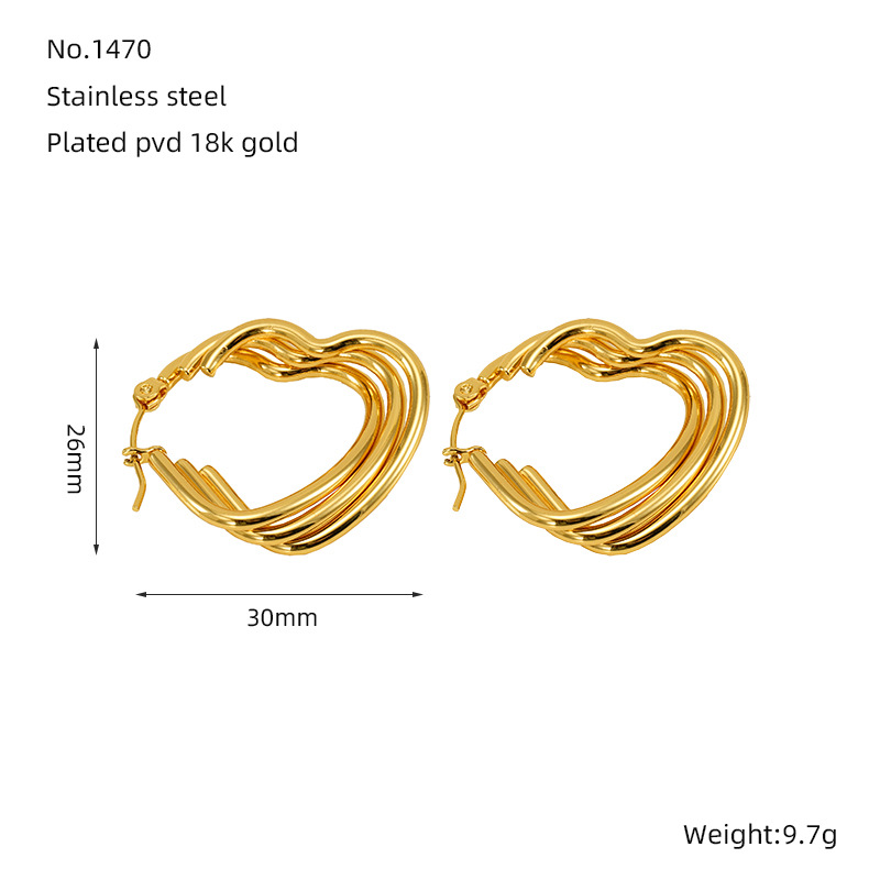 Pendientes de acero inoxidable dorado de 18k sin decoloración Pendientes de acero inoxidable de línea multicapa en forma de corazón Pendientes de hebilla ovalada mujer