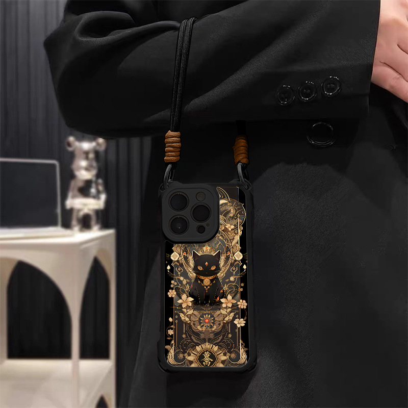 Black Cat Phone Case For Iphone 15 Pro Max With Lanyard_voghion.com