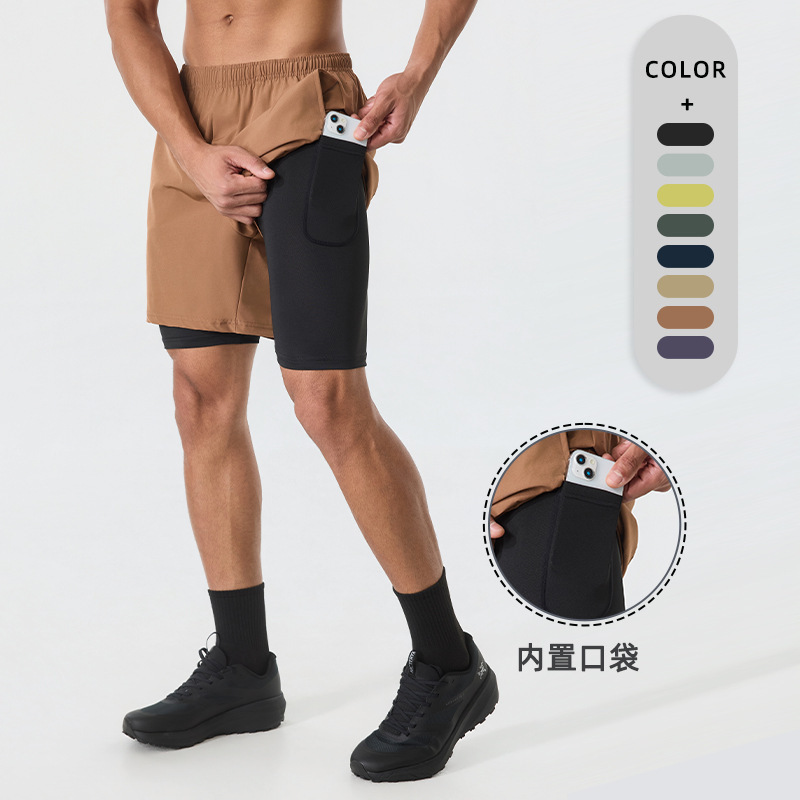 Men's Running Shorts, Professional Marathon Track and Field Three-Quarter Pants with Lining, Double-Layer Pants for Sports and Fitness, Can Hold a Mobile Phone