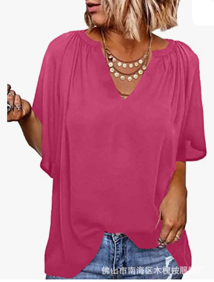 2023 European and American Cross-Border Foreign Trade Amazon Hot-Selling Summer Women's Solid Color Casual Slimming Five-Quarter Sleeve T-Shirt Short Sleeve