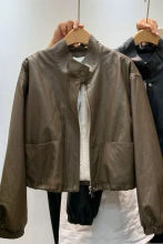 韩系立领加绒毛内胆皮衣外套女冬帅气抽绳收腰机车服加厚保暖夹克