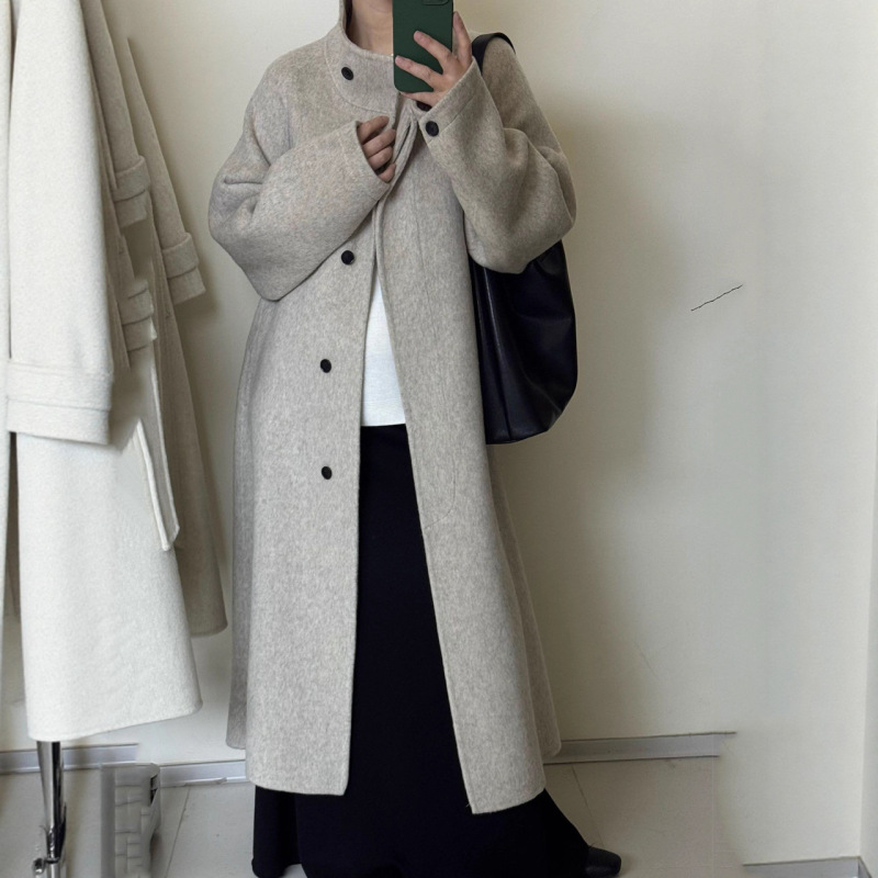 South Korea's Dongdaemun Stand-Up Collar Double-Sided Cashmere Outwear Women's Mid-Length High-End Hepburn Style Woolen Outwear