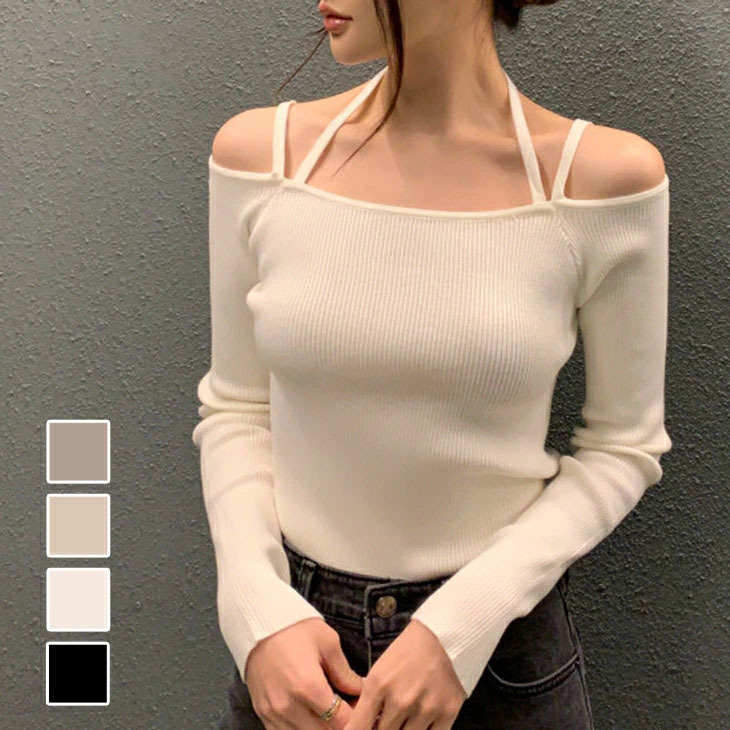 Spring Japanese Style New Sexy Spaghetti Strap Off-Shoulder Long Sleeve Knit Top for Women with a Unique Design
