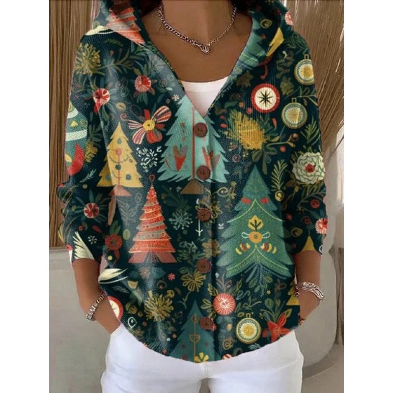 New European and American Amazon cross-border V-neck buttoned long-sleeve hooded sweatshirt, autumn and winter 3D printed fashion jacket for women
