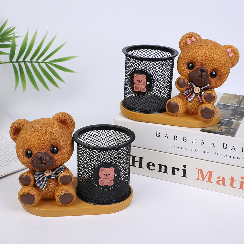 Cartoon Bear Iron Pen Holder, Multifunctional Desktop Storage Bucket, Cute Office and Student Essentials, Retro Brown Bear Cartoon Bear Iron Pen Holder, Multifunctional Desktop Storage Bucket, Cute Office and Student Essentials, Retro Brown Bear