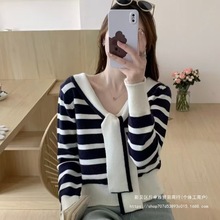 秋季新款复古海军领条纹百搭针织衫毛衣女气质长袖上衣潮白色均码