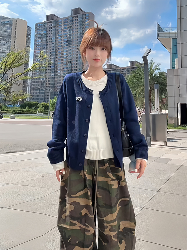 韩系撞色拼接假两件针织开衫女早秋宽松休闲百搭短款长袖毛衣外套|undefined