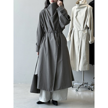 言双 英伦风立领风衣外套女 秋季复古慵懒系带长款宽松大衣82625