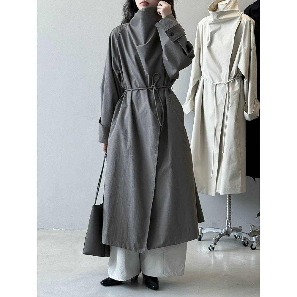 言双 英伦风立领风衣外套女 秋季复古慵懒系带长款宽松大衣82625