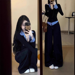 純粋な欲の韓系の格子縞の偽の2つのpoloの襟の正の肩の長袖のtシャツの女性の春の修身は腰のデザイン感の上着を収めます。