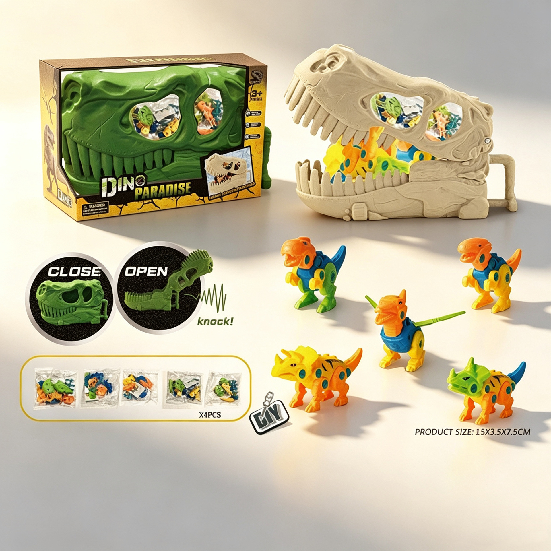 Caja de almacenamiento con forma de cabeza de dinosaurio esqueleto, juego de escenas de dinosaurios con dibujos, kit de ensamblaje al por mayor.