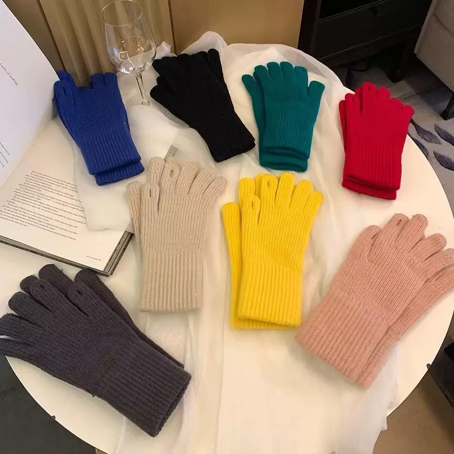 韩国小众可触屏长款手套毛线针织手套女秋冬加厚保暖男女五指学生