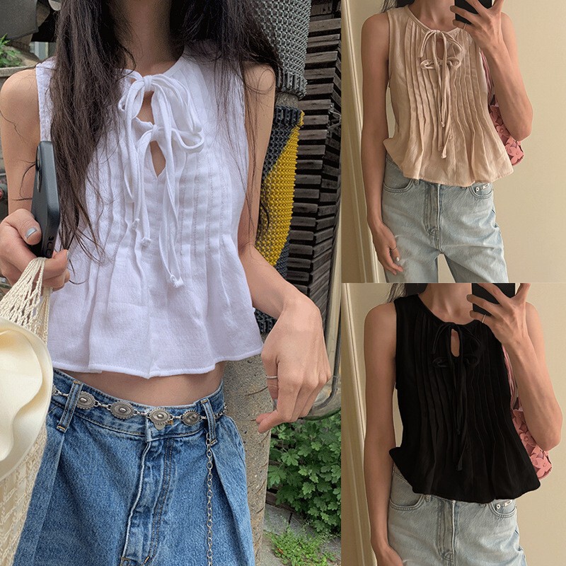 Amazon's New Spring and Summer Vest, Solid Color Pleated Sleeveless Strappy Shirt, French Style Vest Top for Women Amazon's New Spring and Summer Vest, Solid Color Pleated Sleeveless Strappy Shirt, French Style Vest Top for Women