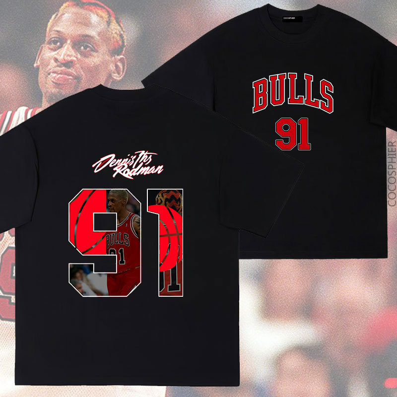 Original Rodman Bulls Pure Cotton Short-Sleeved T-Shirt Loose Top Summer Sports Half-Sleeved Off-Shoulder Clothes