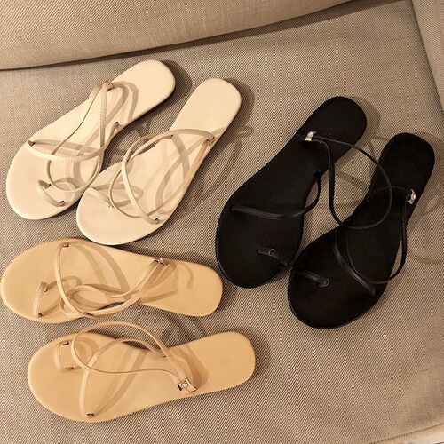 2026 new style preppy style simple thin belt clip-toe sandals fairy style female one-belt flat Roman beach shoes summer