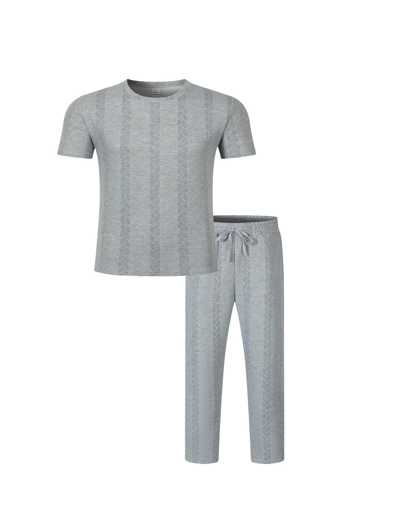 Men's Cable Knit Solid Color Jacquard Pullover Crew Neck Short Sleeve Trousers Casual Suit American Style Autumn New_viptrois.com