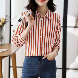 外贸女装实拍长袖雪纺衫职业装上衣秋装女装气质衬衫翻领条纹小衫
