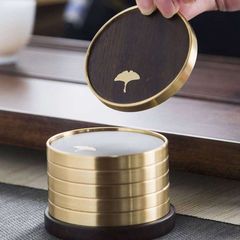 Pure copper tea cup holder, ebony coaster, household kung fu tea set, tea ceremony accessories, insulated tea mat, 6 pieces