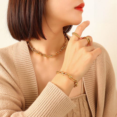 Euro-American Instagram-style jewelry, hip-hop trend, fashion-forward design: U-shaped horseshoe clasp necklace, trendy & unique bracelet set, perfect for statement-making accessories.